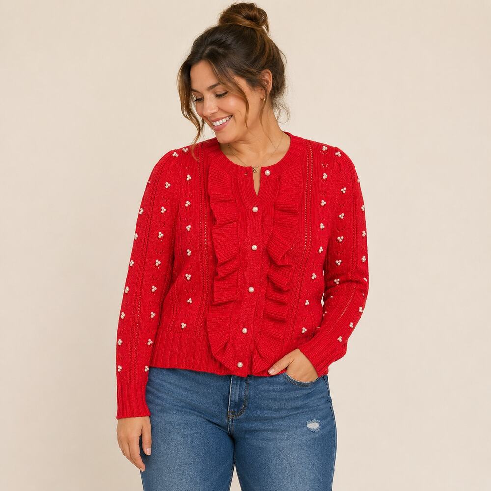 Industry Women XL Red Ruffle Cardigan Pearl Beaded Knit Sweater Holiday Coquette